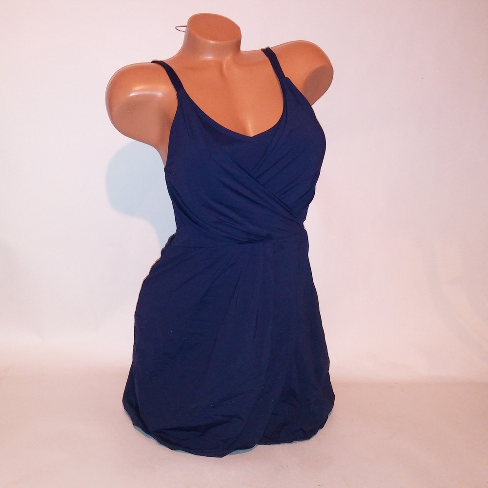 Lands End Swim Dress One Piece Small Navy Blue Solid Padded Wireless